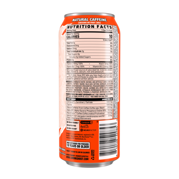 GHOST Zero Sugar Energy Drink, Peaches