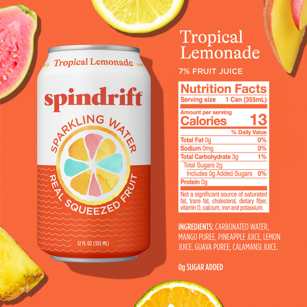 Spindrift Sparkling Water, Tropical Lemonade, Unsweetened