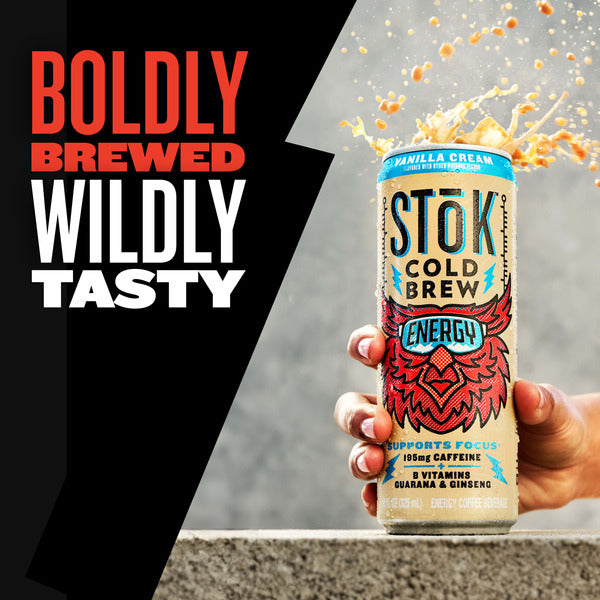 SToK Cold Brew Energy Vanilla Cream, Ready to Drink Canned Coffee with 195mg Caffeine to Help Support Focus, B Vitamins, Guarana and Ginseng, 11 fl oz