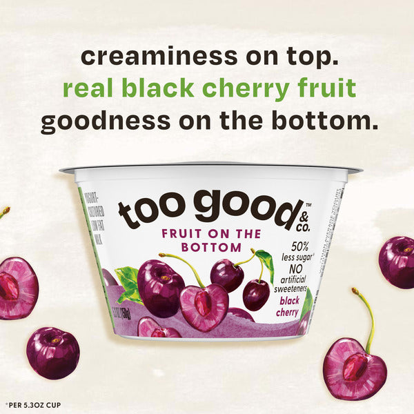 Too Good & Co. Fruit on the Bottom Black Cherry Yogurt-Cultured Low Fat Milk Product, Smooth and Creamy Adult Snacks with Real Fruit, 5.3 oz Cup