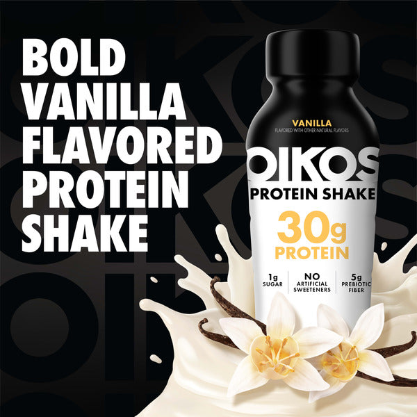 Oikos Protein Shake, Vanilla, 30g High Protein Drinks, Shelf Stable, Ready to Drink, 5g Prebiotic Fiber, 12 fl oz Bottle, 4 Count