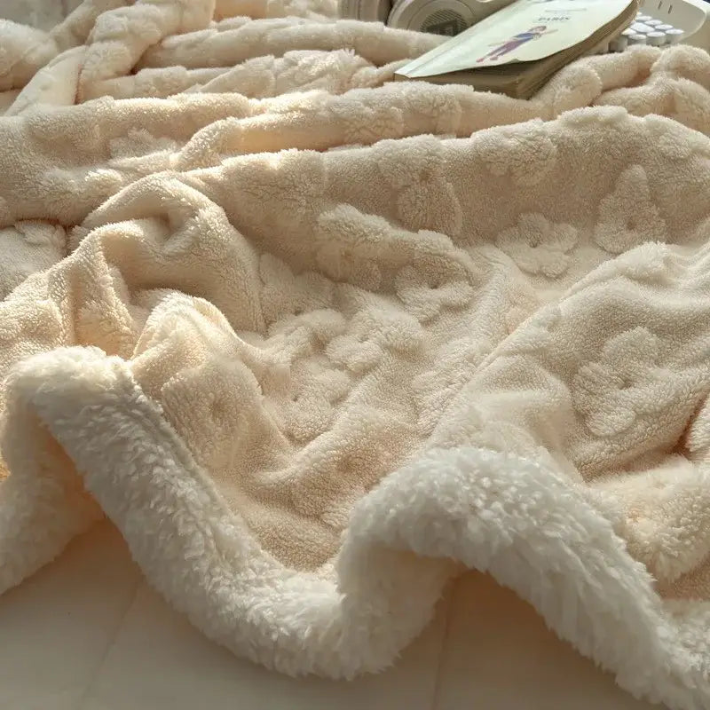 Lavender & white cozy lamb wool flower throw blanket bedroom bedding