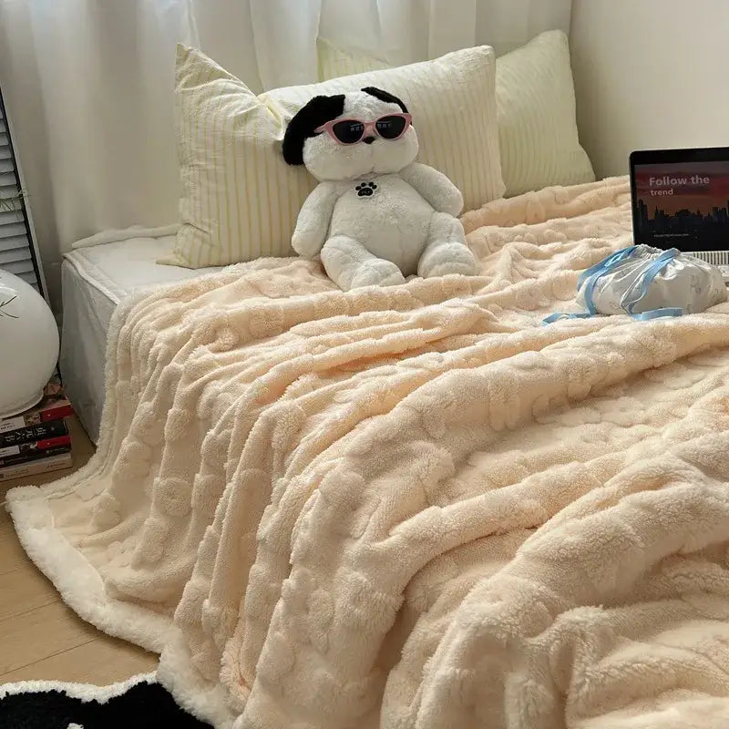 Lavender & white cozy lamb wool flower throw blanket bedroom bedding