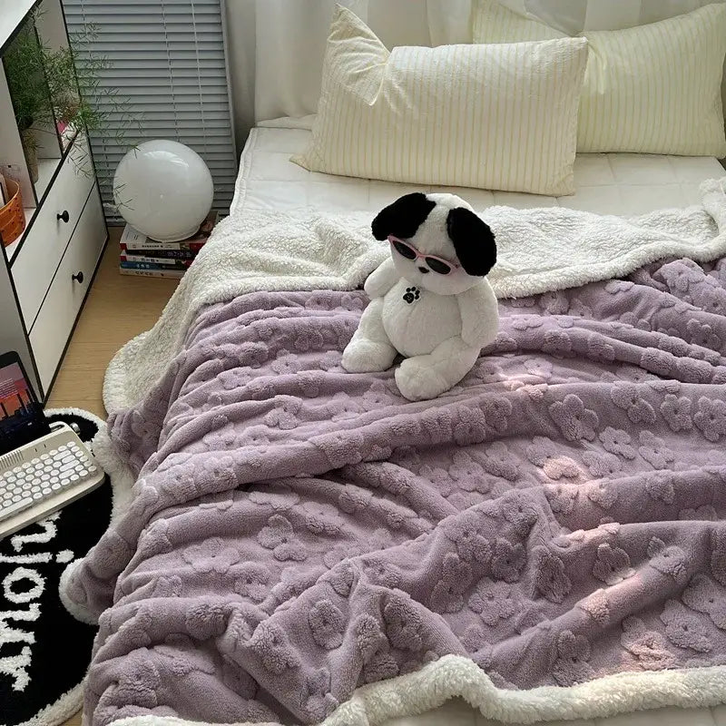 Lavender & white cozy lamb wool flower throw blanket bedroom bedding