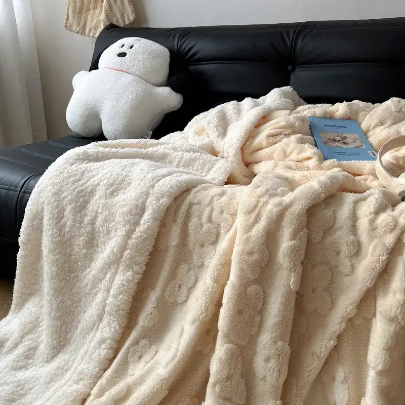 Lavender & white cozy lamb wool flower throw blanket bedroom bedding