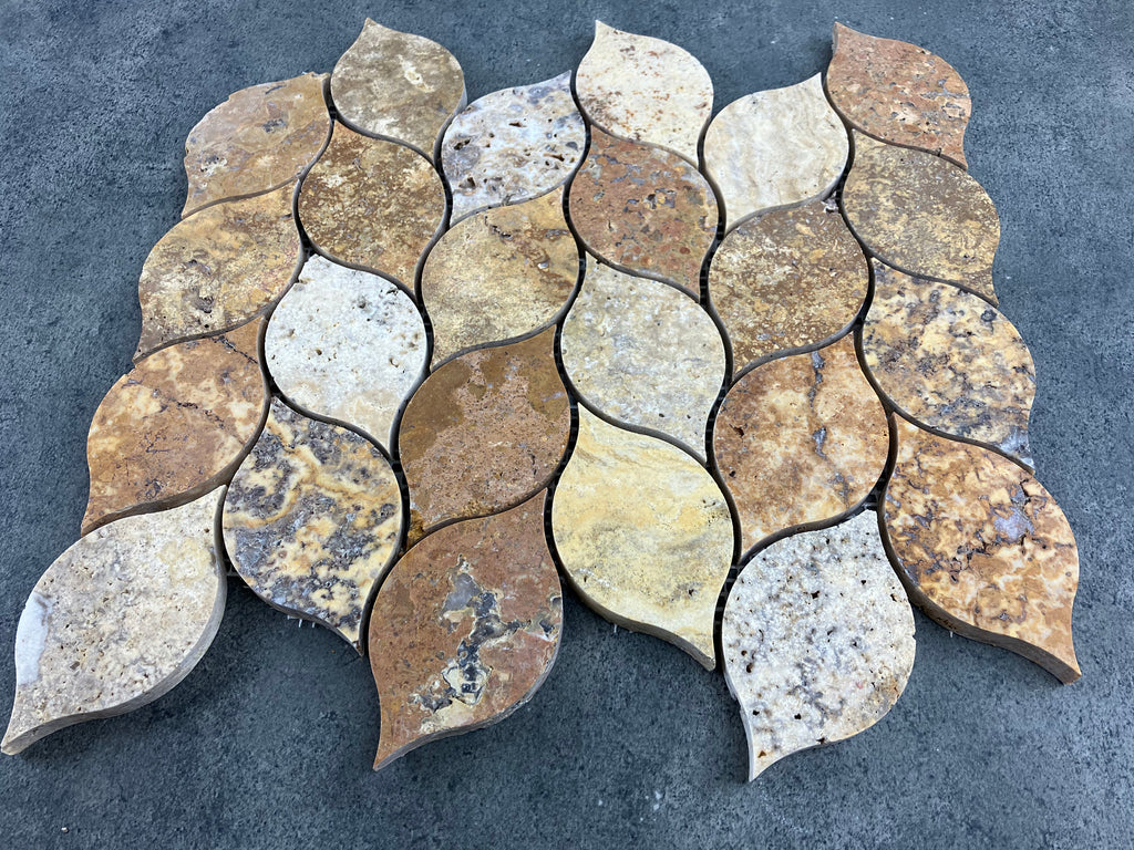 Scabos Travertine Leaf Design Mosaic Tile - Mesh Backed 12x12