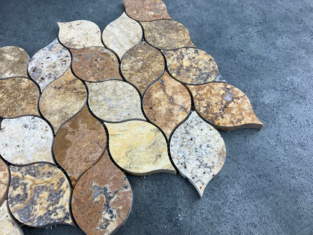 Scabos Travertine Leaf Design Mosaic Tile - Mesh Backed 12x12