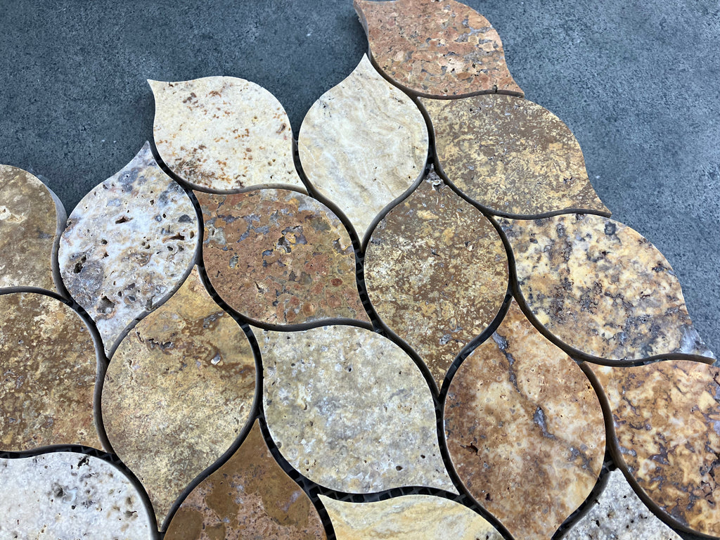 Scabos Travertine Leaf Design Mosaic Tile - Mesh Backed 12x12