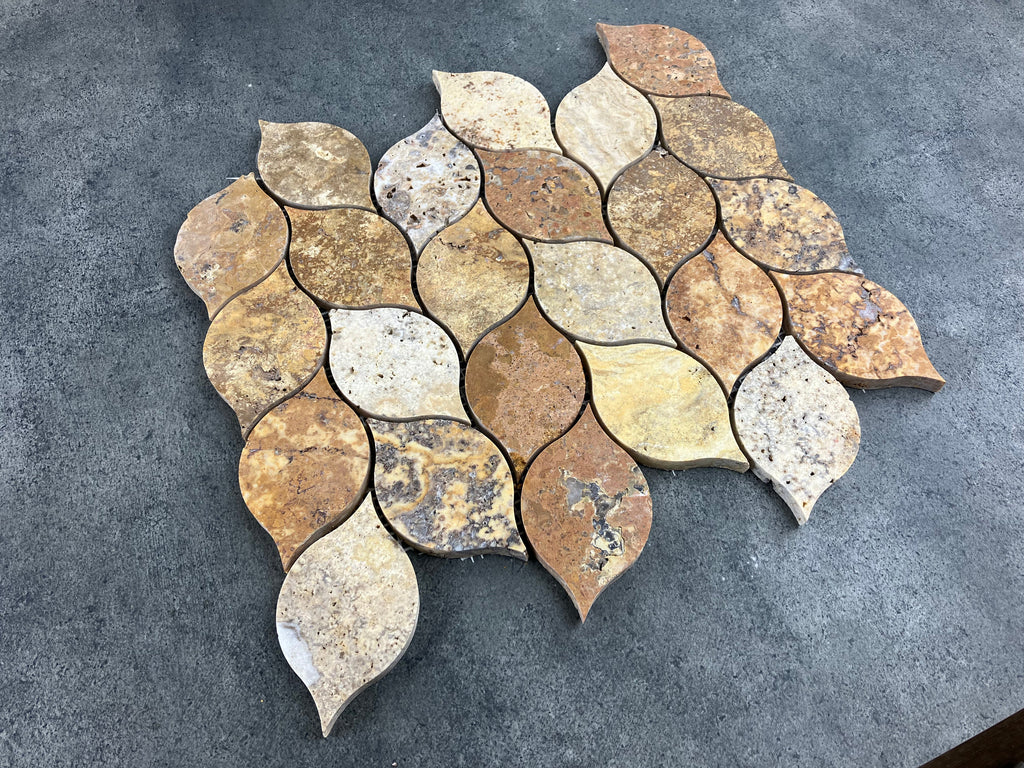 Scabos Travertine Leaf Design Mosaic Tile - Mesh Backed 12x12