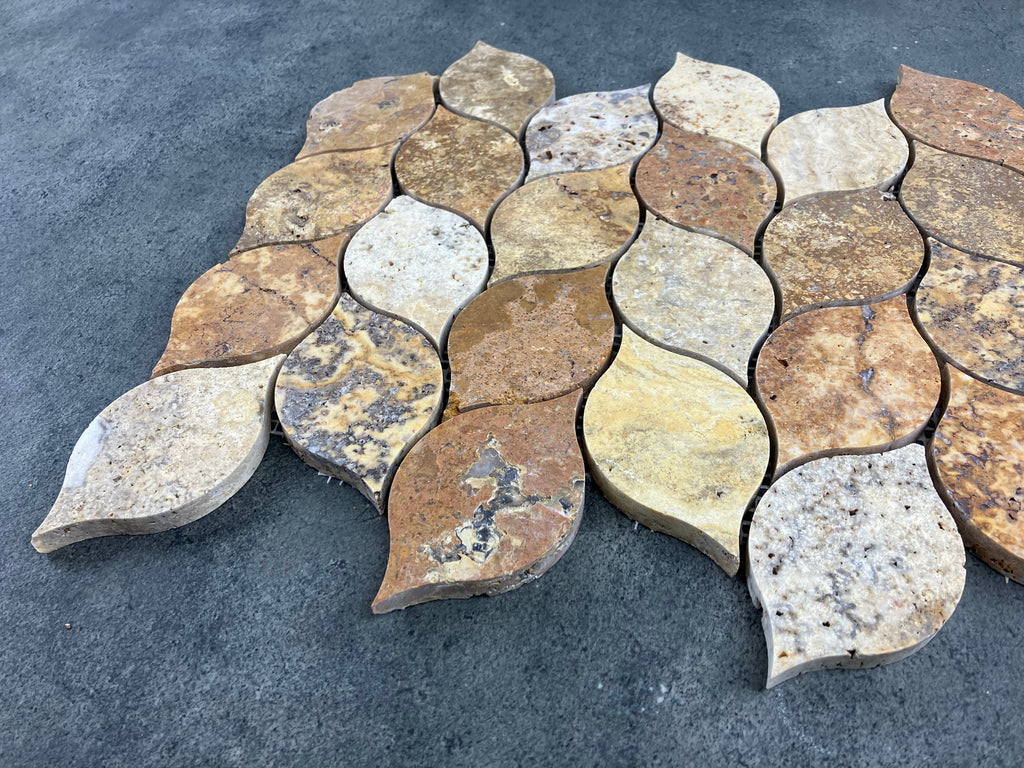 Scabos Travertine Leaf Design Mosaic Tile - Mesh Backed 12x12