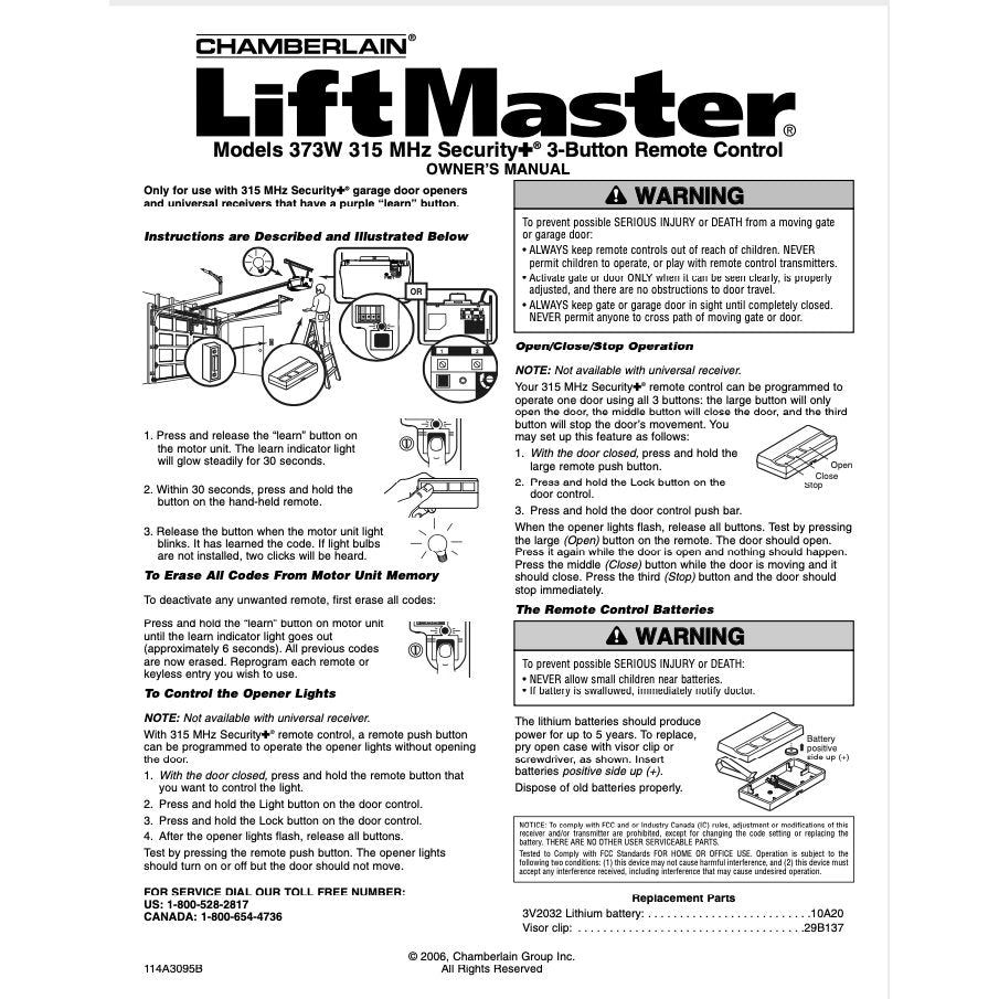 Substitute for LiftMaster 373W 3-Button Vizor 315 MHz Garage Door Opener Remote Control [893MAX]