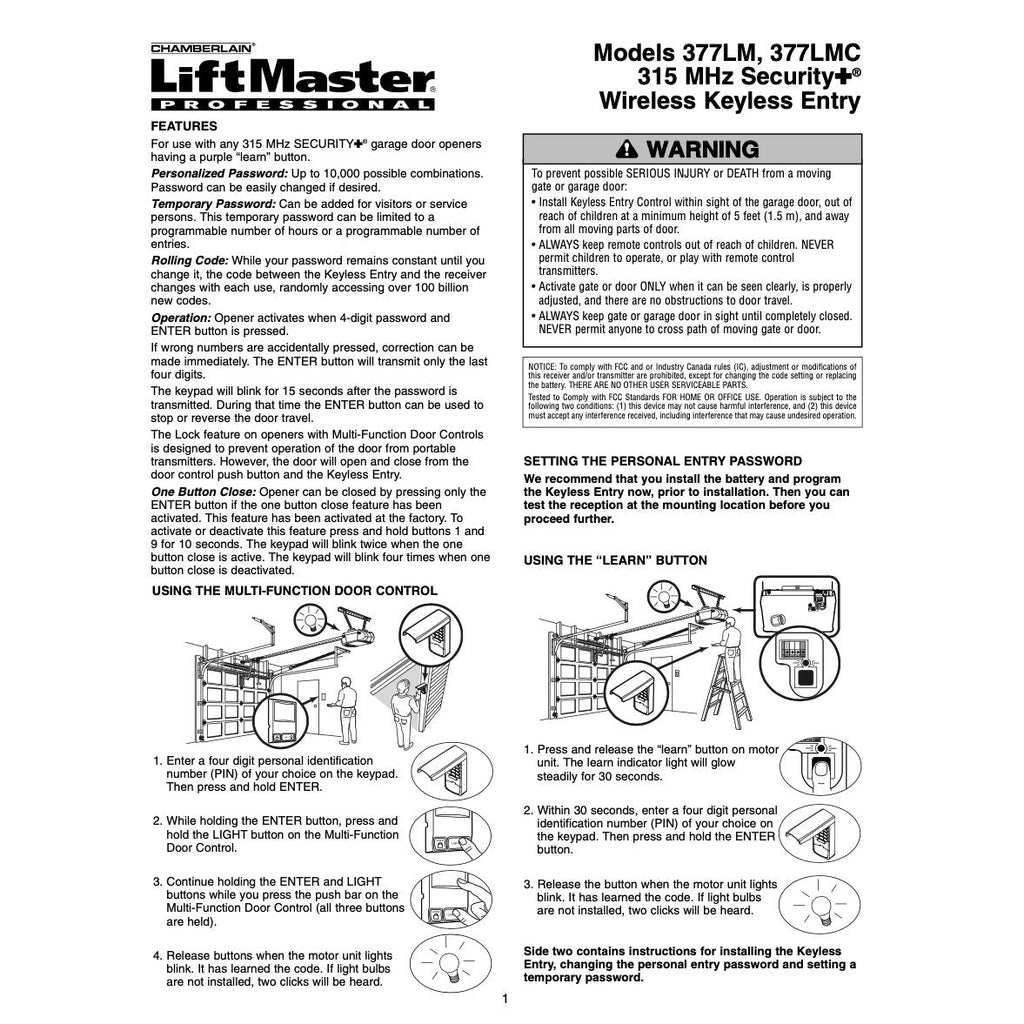 Substitute for LiftMaster 377LM / 377LMC Wireless keyless entry 315MHz Garage Door Opener Remote Control [877MAX]