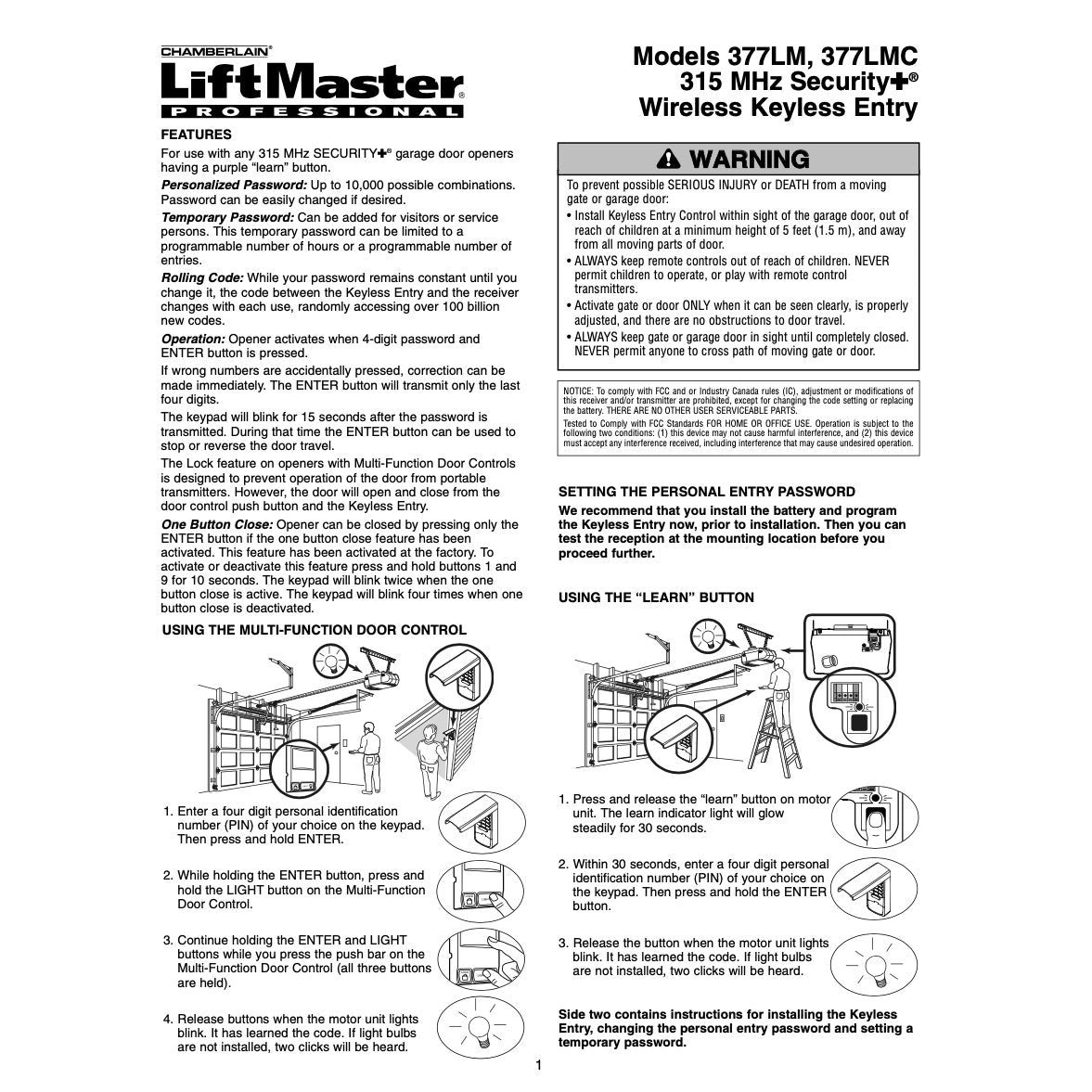 Substitute for LiftMaster 377LM / 377LMC Wireless keyless entry 315MHz Garage Door Opener Remote Control [877MAX]