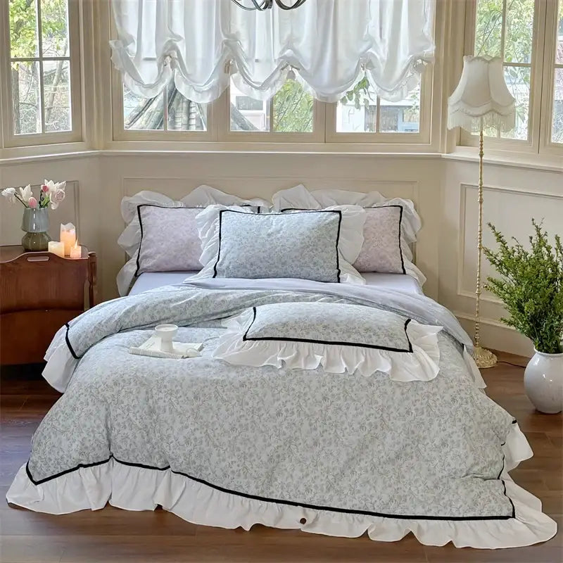 Light blue floral cotton bedding sets bedroom ruffle trim