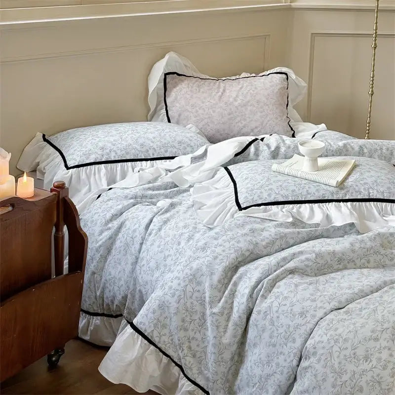 Light blue floral cotton bedding sets bedroom ruffle trim