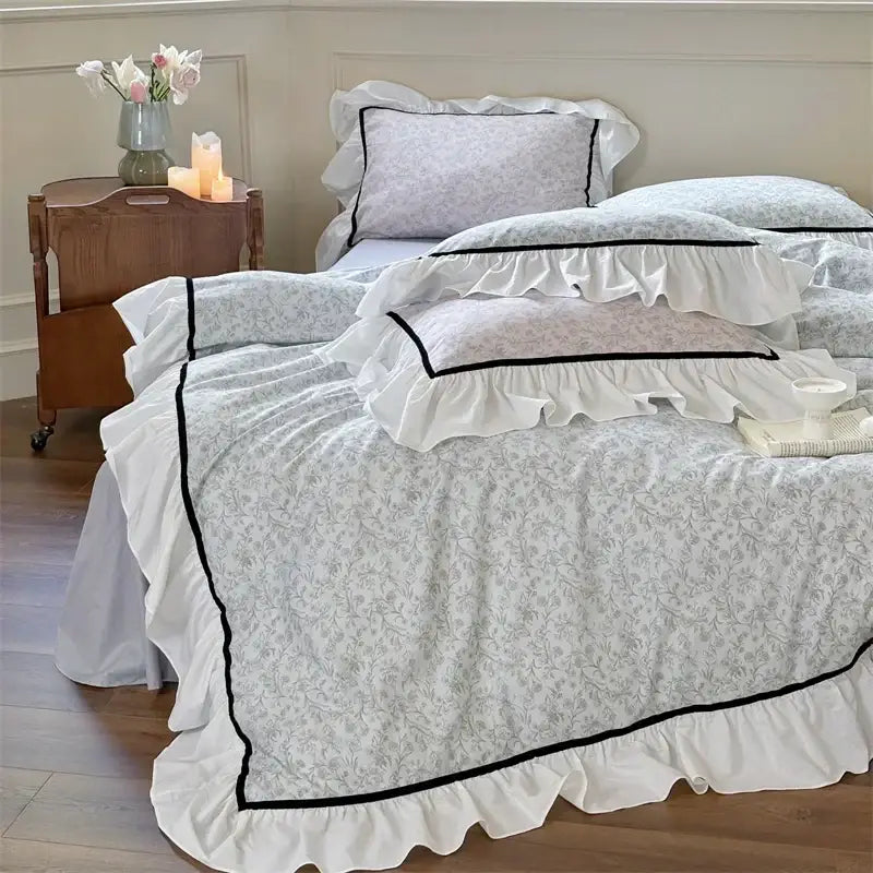 Light blue floral cotton bedding sets bedroom ruffle trim