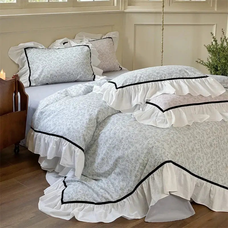 Light blue floral cotton bedding sets bedroom ruffle trim