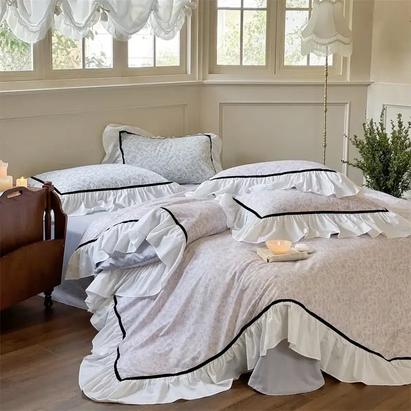 Light blue floral cotton bedding sets bedroom ruffle trim
