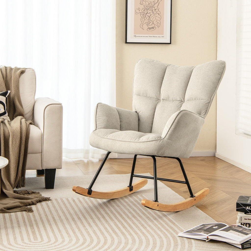 Linen Nursery Rocking Chair with High Backrest and Padded Armrests