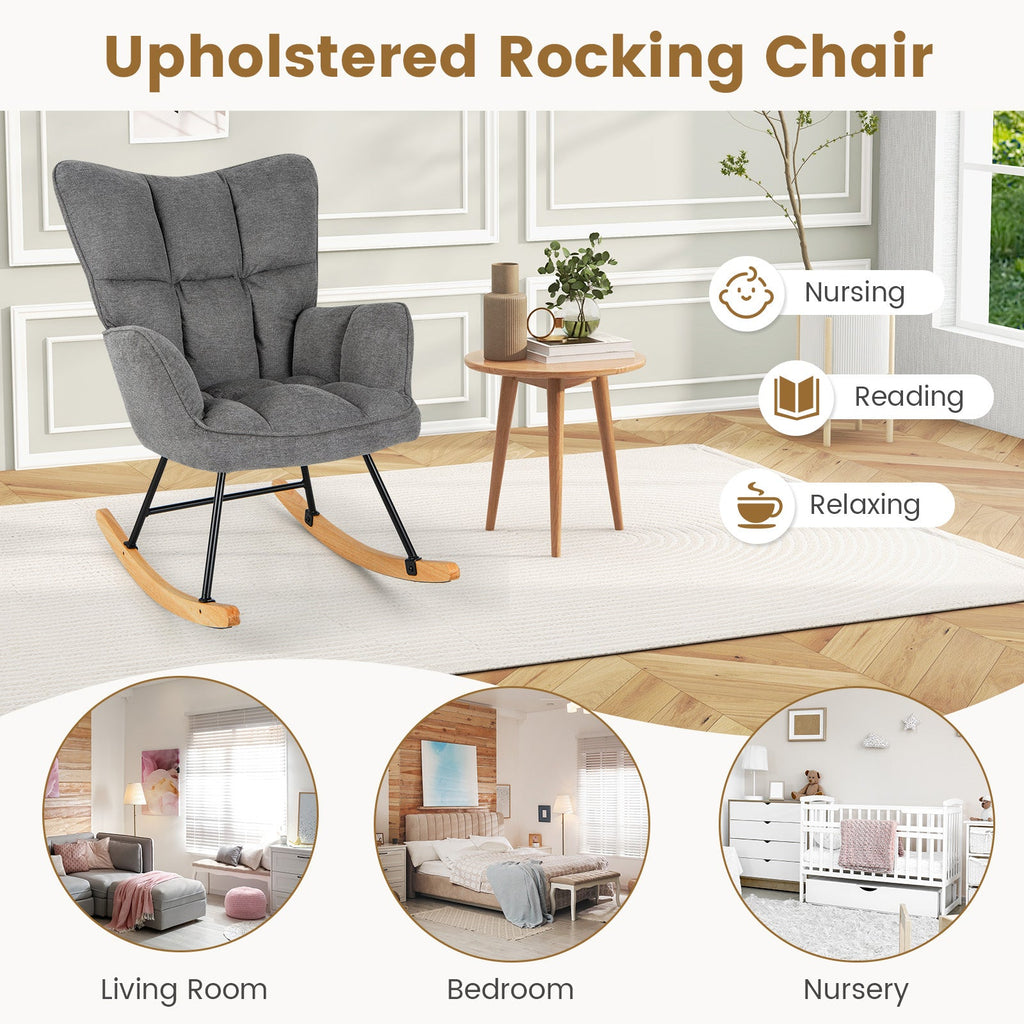 Linen Nursery Rocking Chair with High Backrest and Padded Armrests