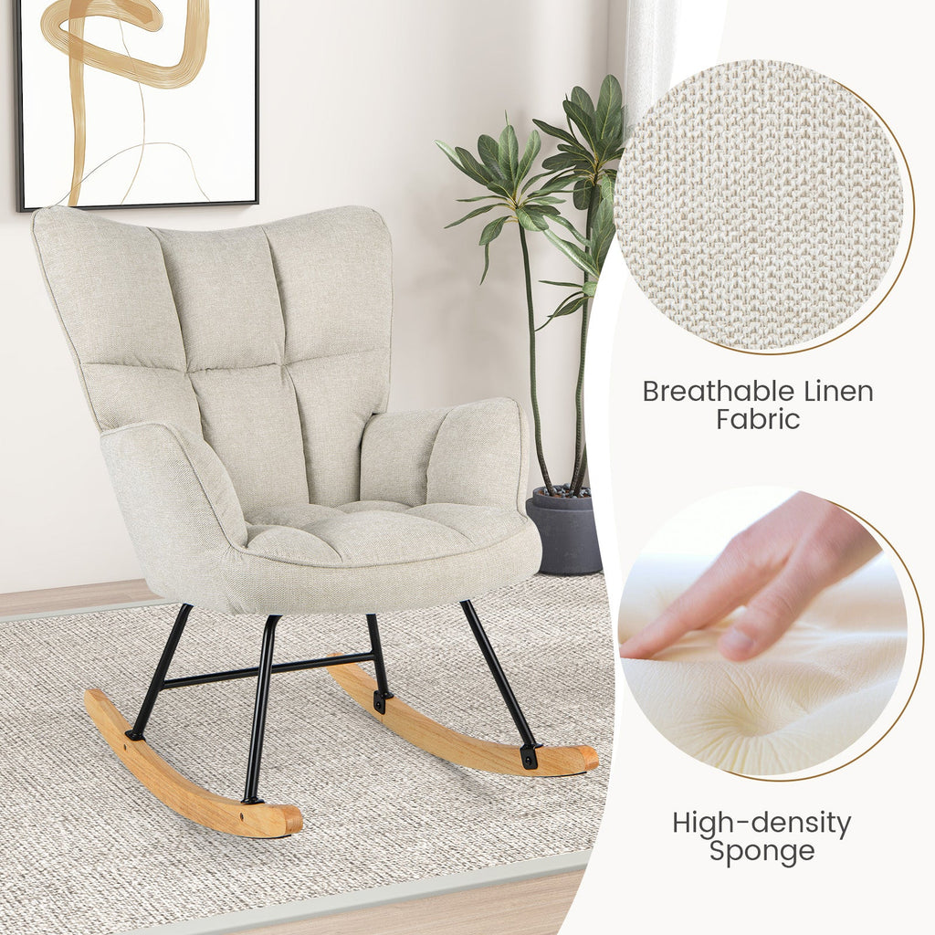 Linen Nursery Rocking Chair with High Backrest and Padded Armrests