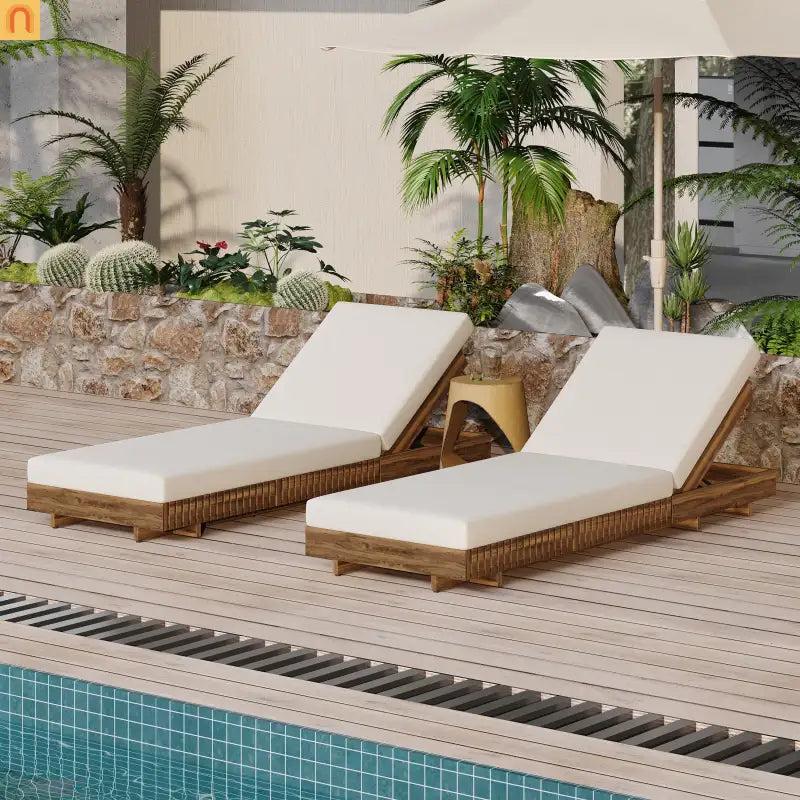 Chaise Lounge Acacia Wood Cream Cushion 6 Position Adjustable 76.8in