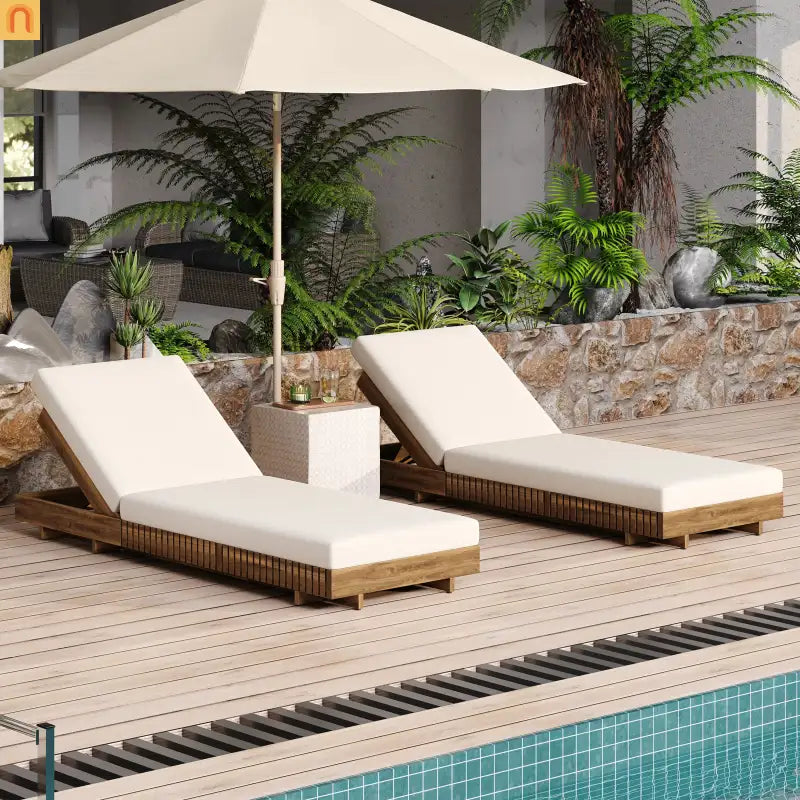Chaise Lounge Acacia Wood Cream Cushion 6 Position Adjustable 76.8in