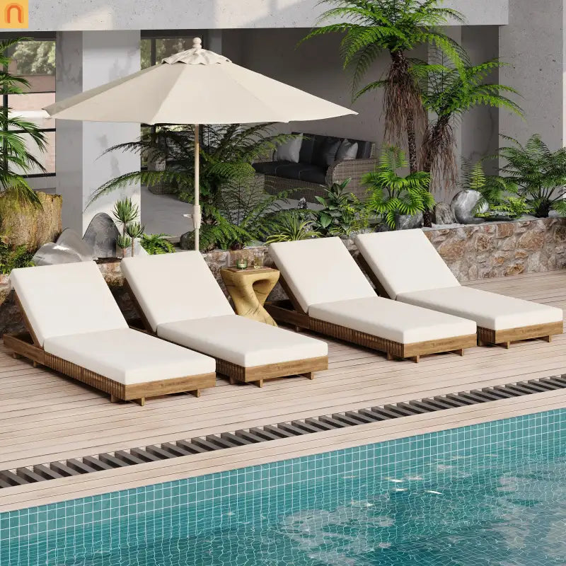 Chaise Lounge Acacia Wood Cream Cushion 6 Position Adjustable 76.8in