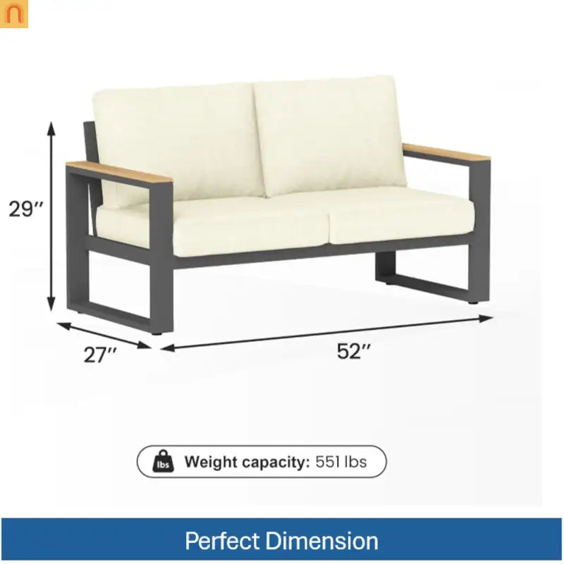 Outdoor Loveseat Aluminum Black Beige Cushion 52in 2 Seat U Leg Design