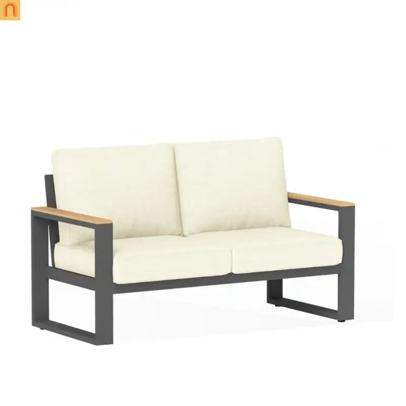 Outdoor Loveseat Aluminum Black Beige Cushion 52in 2 Seat U Leg Design