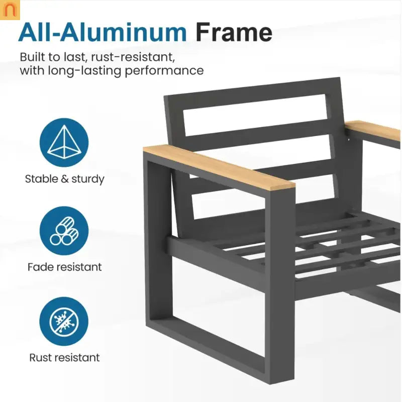 Outdoor Loveseat Aluminum Black Beige Cushion 52in 2 Seat U Leg Design