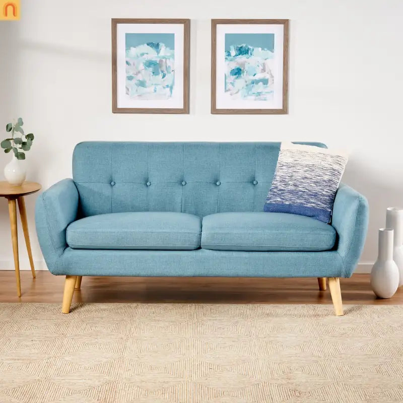 Loveseat Mid Century Modern Tufted Fabric Blue 67.25in