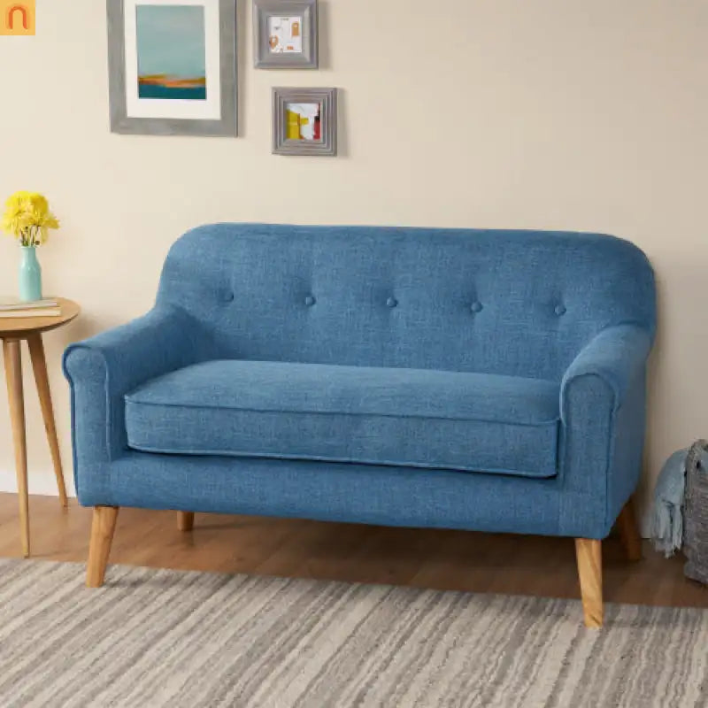 Loveseat Mid Century Modern Fabric Blue Button Tufted 50.75in