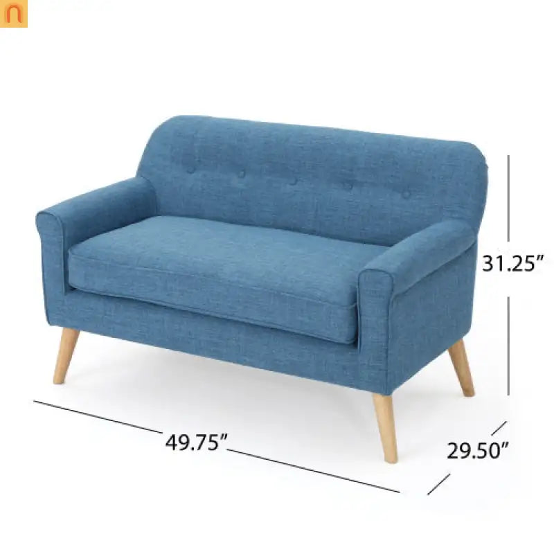 Loveseat Mid Century Modern Fabric Blue Button Tufted 50.75in