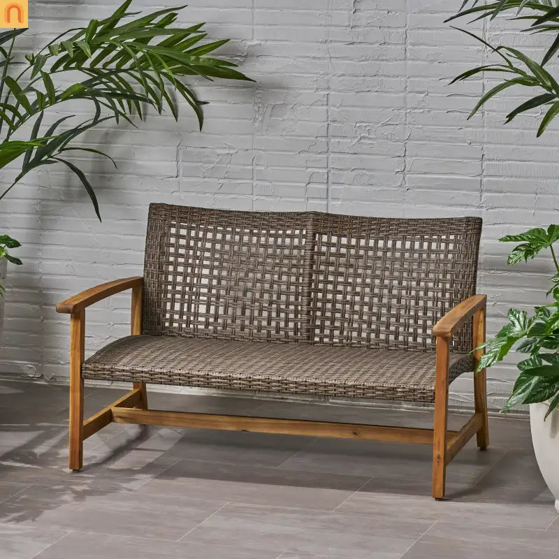Outdoor Sofa Loveseat Acacia Wood Wicker Natural 52in