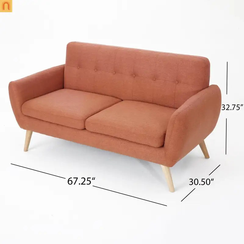 Loveseat Mid Century Modern Tufted Fabric Burnt Orange 67.25in