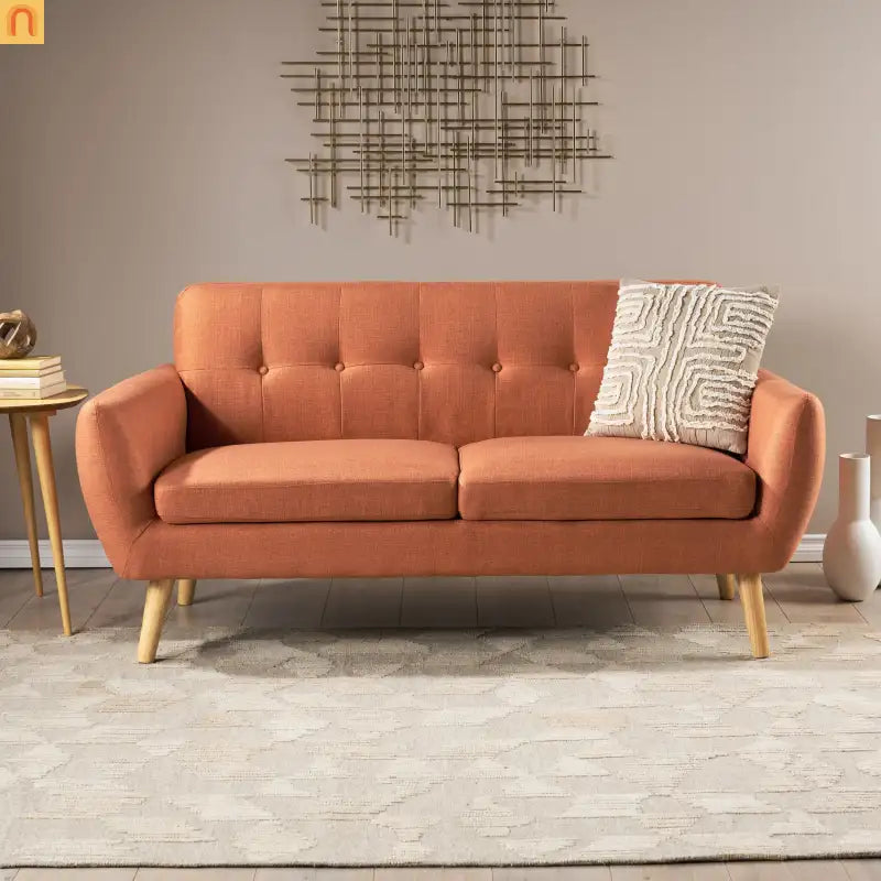 Loveseat Mid Century Modern Tufted Fabric Burnt Orange 67.25in