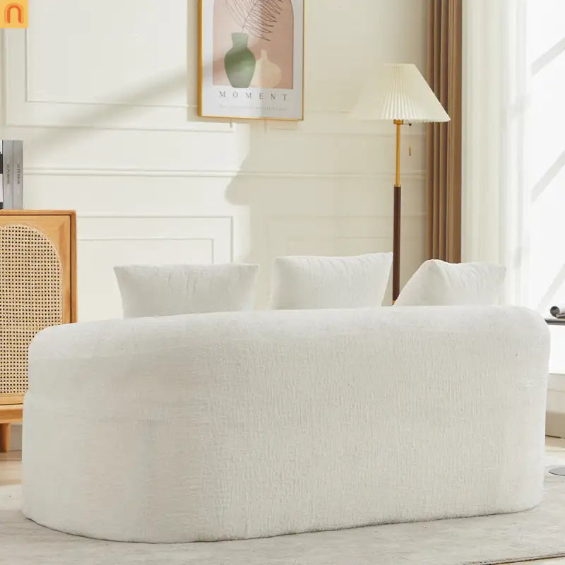 Loveseat Curved Chenille Beige 3 Pillows 300 lb 70in No Assembly