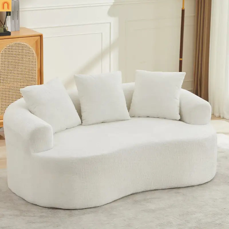 Loveseat Curved Chenille Beige 3 Pillows 300 lb 70in No Assembly