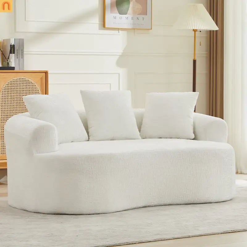 Loveseat Curved Chenille Beige 3 Pillows 300 lb 70in No Assembly