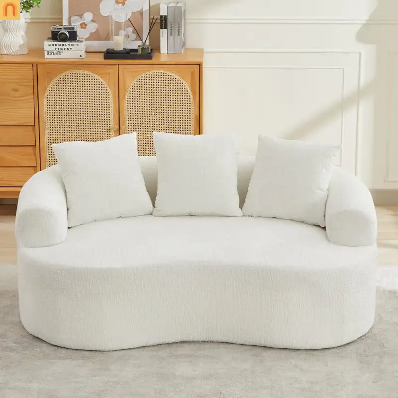 Loveseat Curved Chenille Beige 3 Pillows 300 lb 70in No Assembly