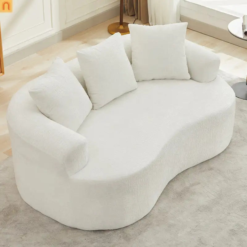 Loveseat Curved Chenille Beige 3 Pillows 300 lb 70in No Assembly