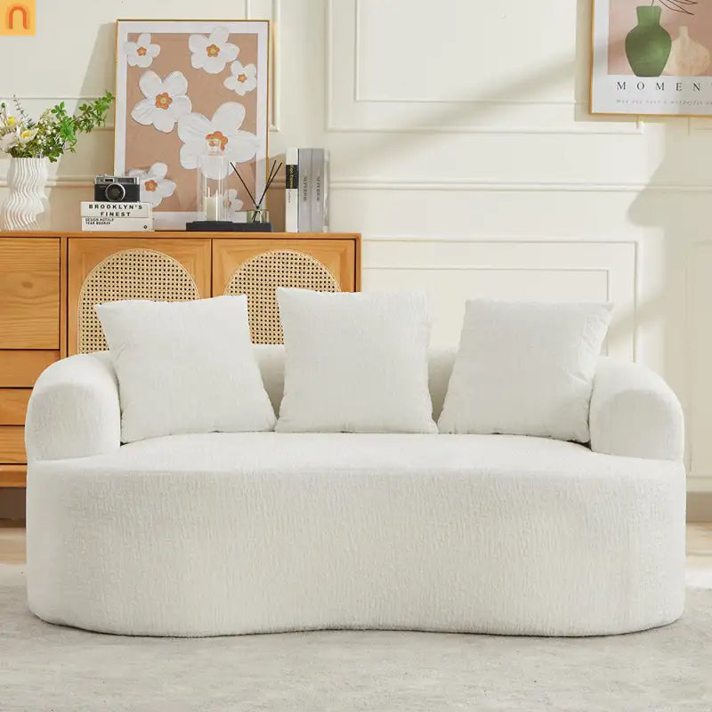 Loveseat Curved Chenille Beige 3 Pillows 300 lb 70in No Assembly