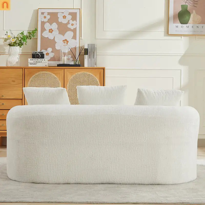 Loveseat Curved Chenille Beige 3 Pillows 300 lb 70in No Assembly