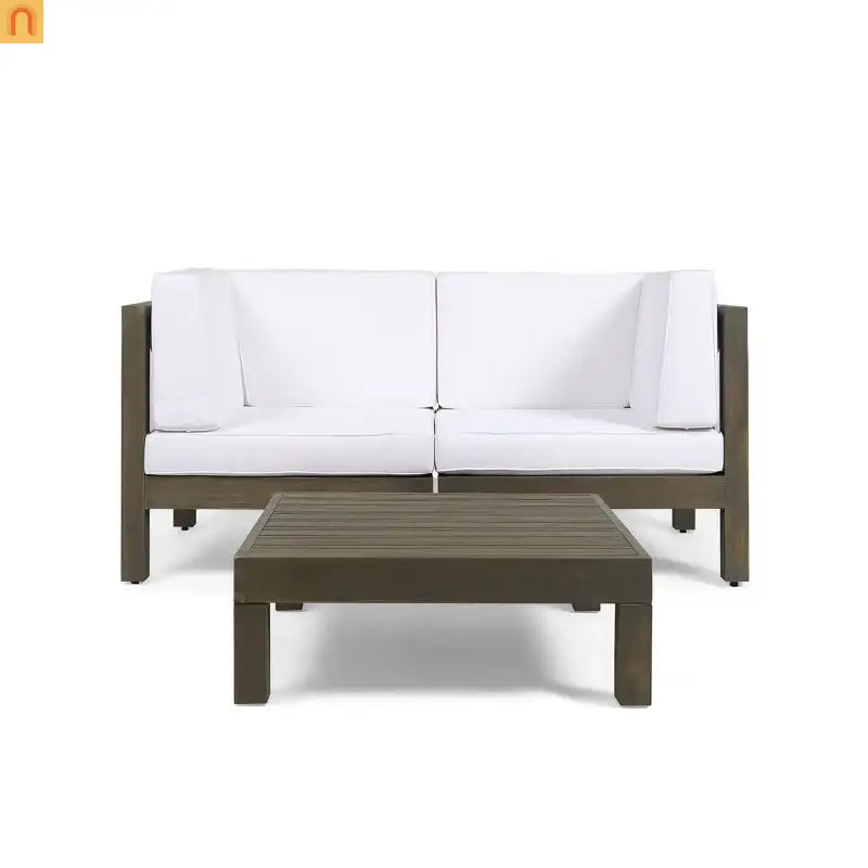Outdoor Loveseat Set Acacia Wood White Cushions 3-Piece Table