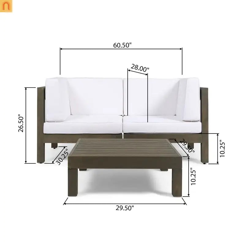 Outdoor Loveseat Set Acacia Wood White Cushions 3-Piece Table