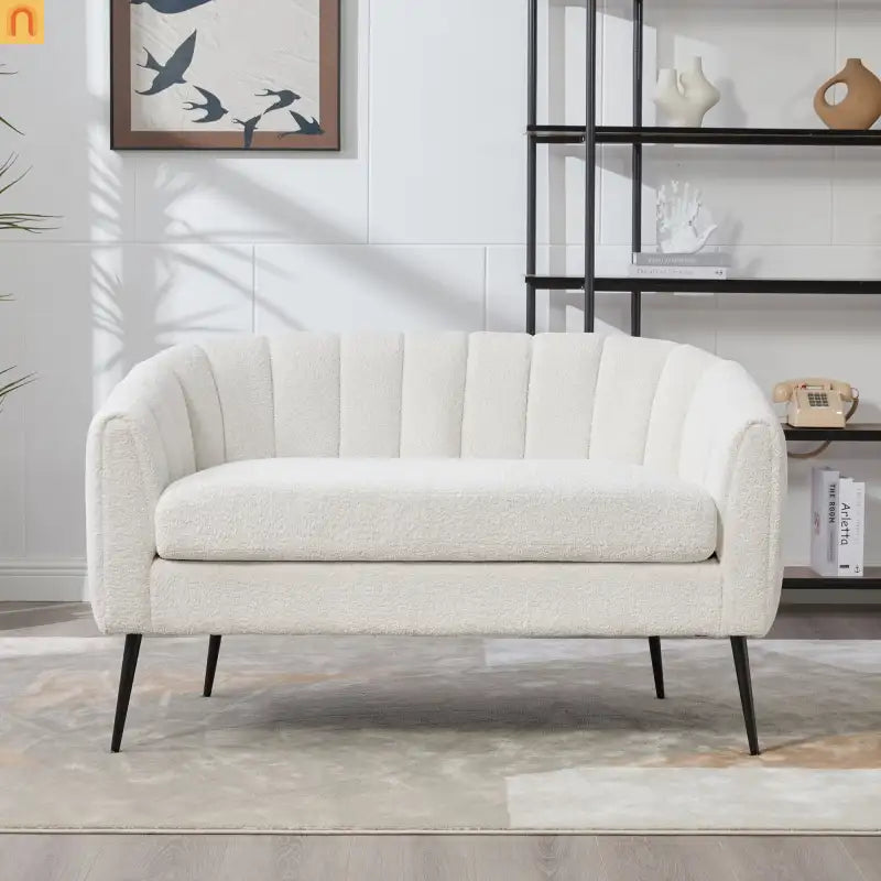 Loveseat Channel Tufted Chenille Ivory Metal Legs