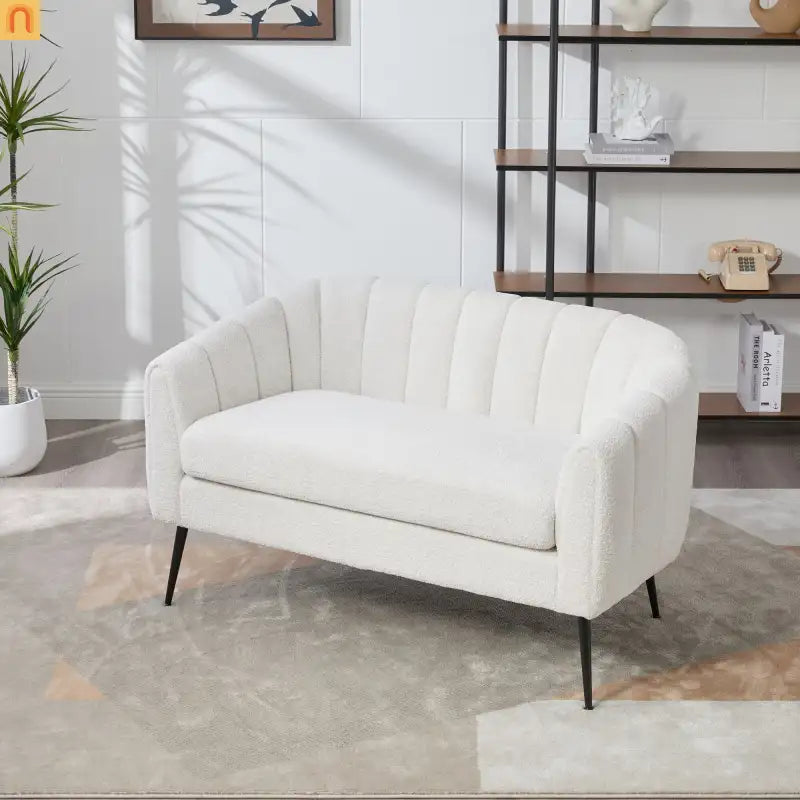 Loveseat Channel Tufted Chenille Ivory Metal Legs