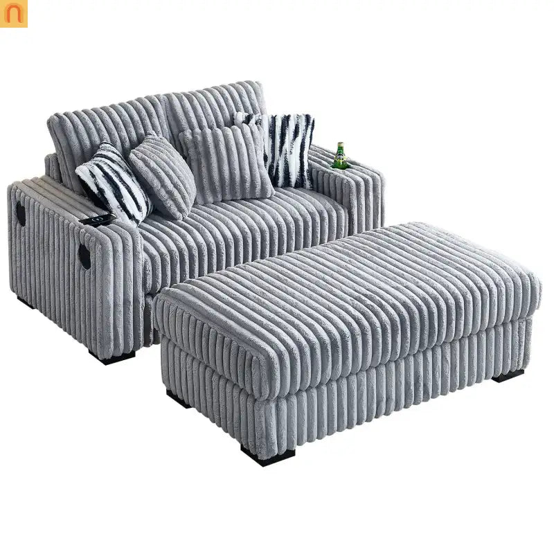Loveseat Modern Fabric Light Gray with Ottoman Bluetooth 61.4in