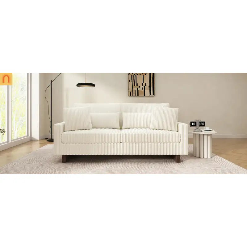 Loveseat Modern Square Arms Corduroy Beige 4 Pillows 80.31in